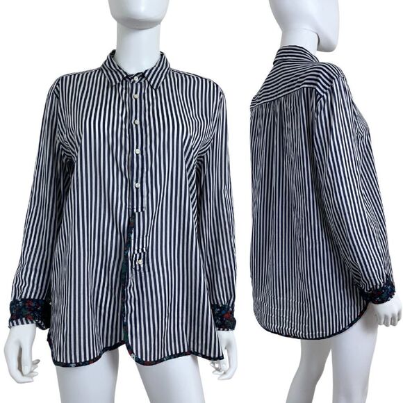 Anthropologie Tops - Holding Horses Women's Size M Button Stripped Floral Cotton Blouse Top Nautical